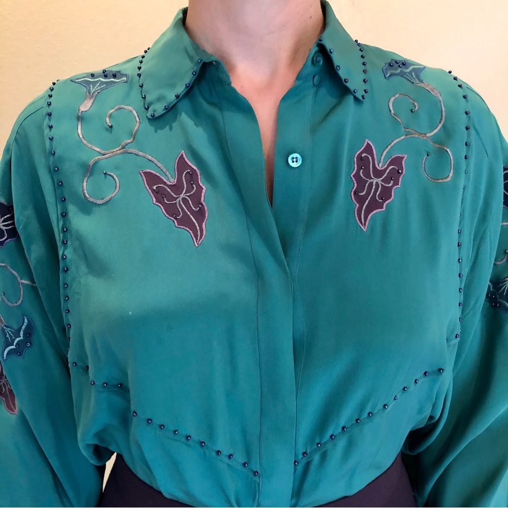 Vintage 1985 Embellished 100% Silk Blouse Size 8